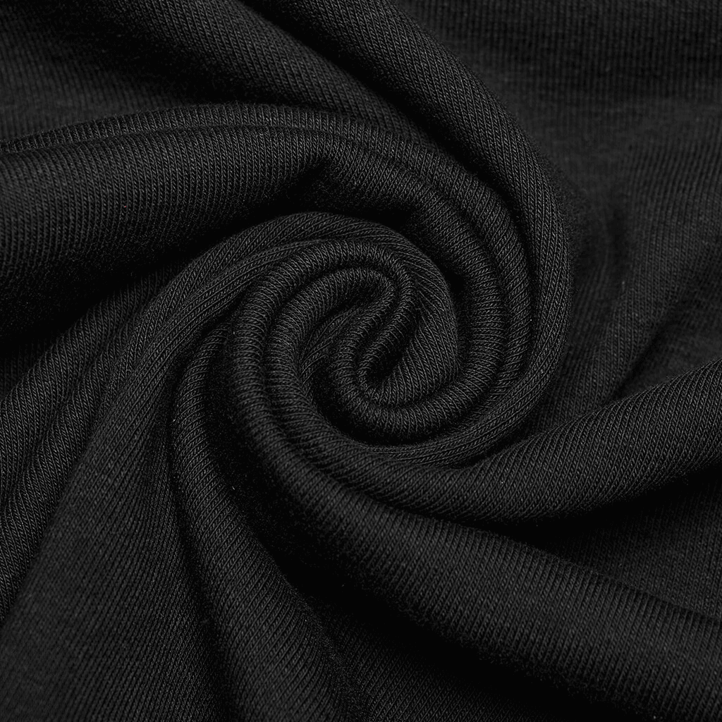 Close-up of black elastic knitted fabric, ideal for gothic style dresses with a soft and stretchy texture.