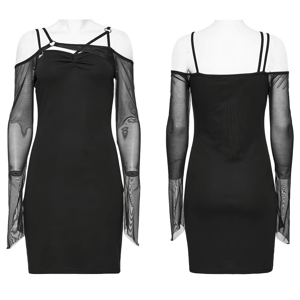 Gothic asymmetric black mini dress with mesh sleeves and stylish chest design, perfect for edgy fashion lovers.