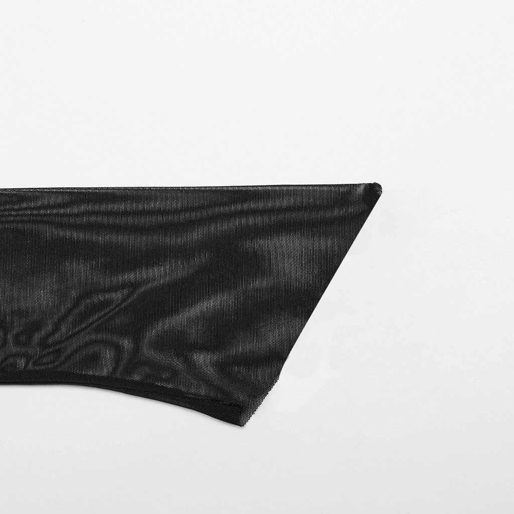 Close-up of the asymmetric black mesh sleeve from a Gothic style mini dress, highlighting sleek textures and edgy design.