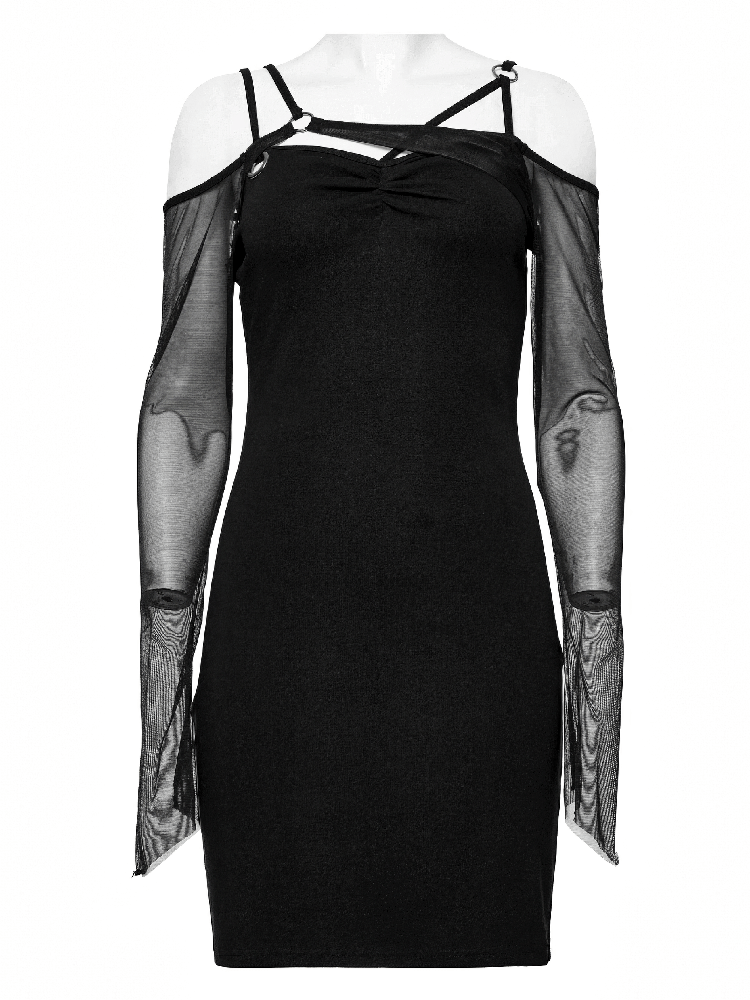 Gothic asymmetric black mini dress with transparent mesh sleeves and unique folding design for edgy style.