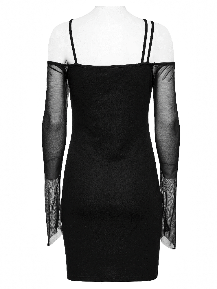 Back view of gothic style asymmetric black mesh sleeve mini dress for women, showcasing dramatic mesh sleeves.