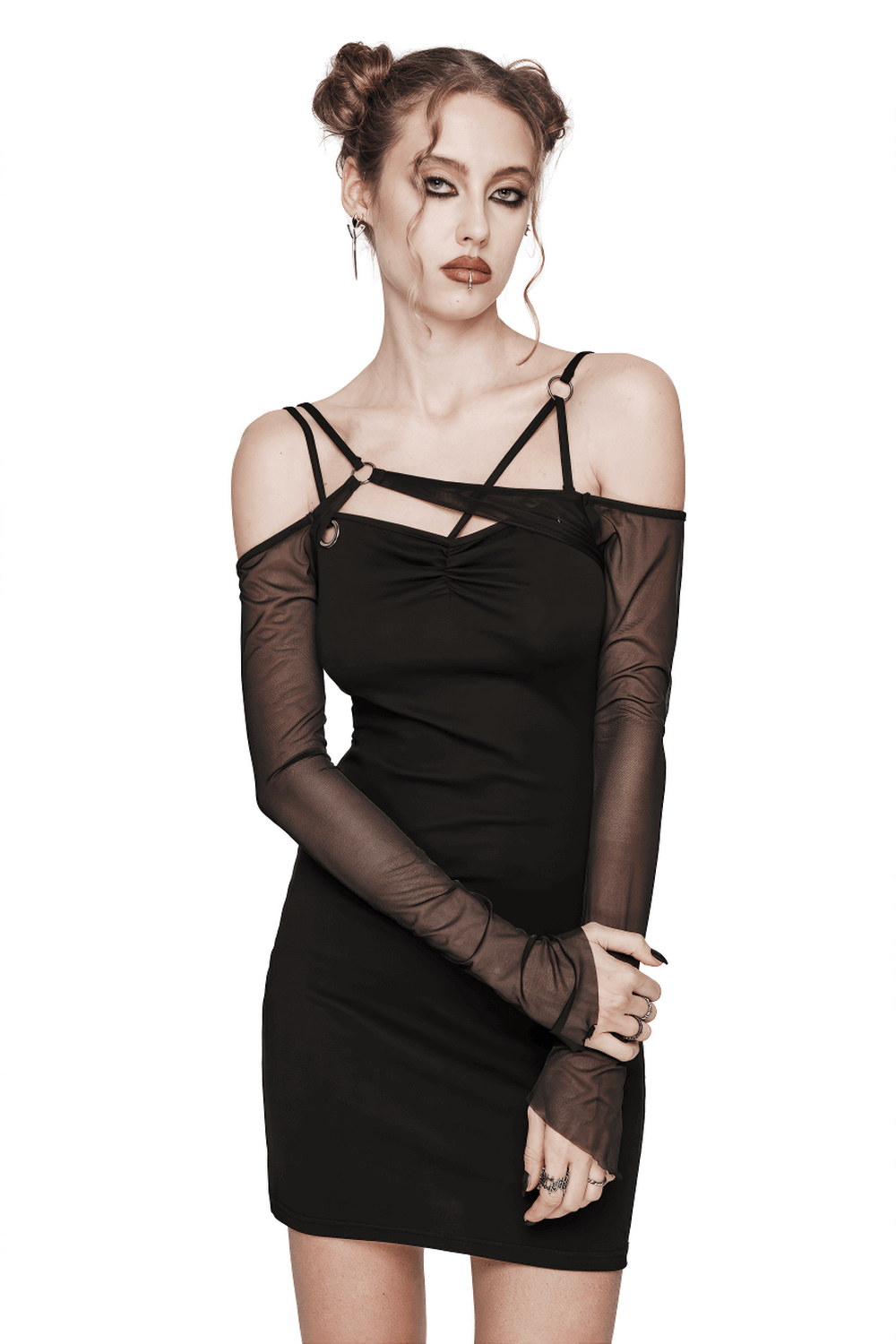 Gothic style black mesh mini dress featuring asymmetric cut and transparent mesh sleeves for a daring, edgy look.