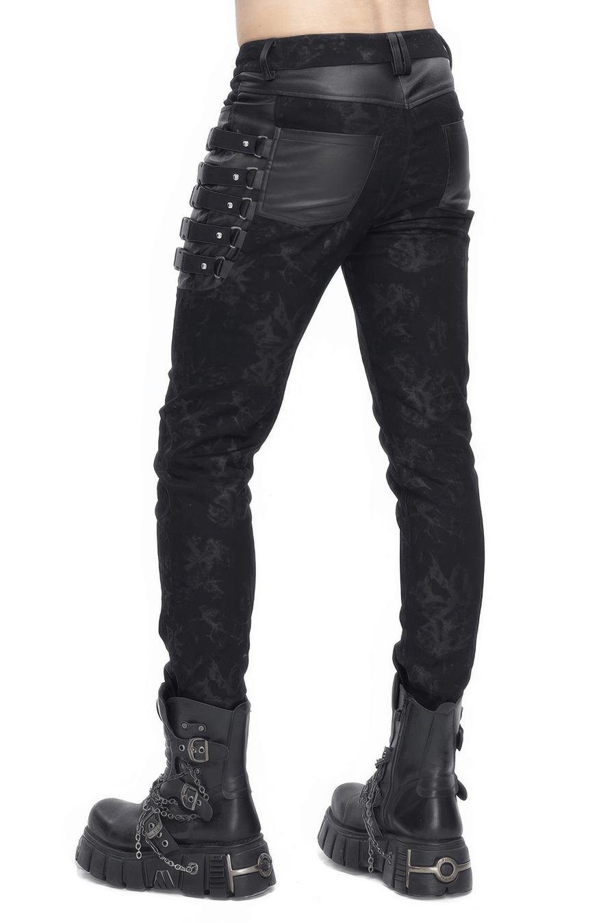 Men's gothic black trousers with stylish buckles and straps, paired with edgy black boots.