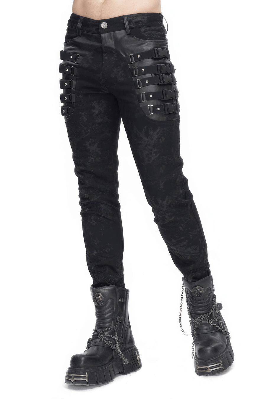 Gothic style men's black trousers with buckles and straps, paired with edgy combat boots for a bold fashion statement.