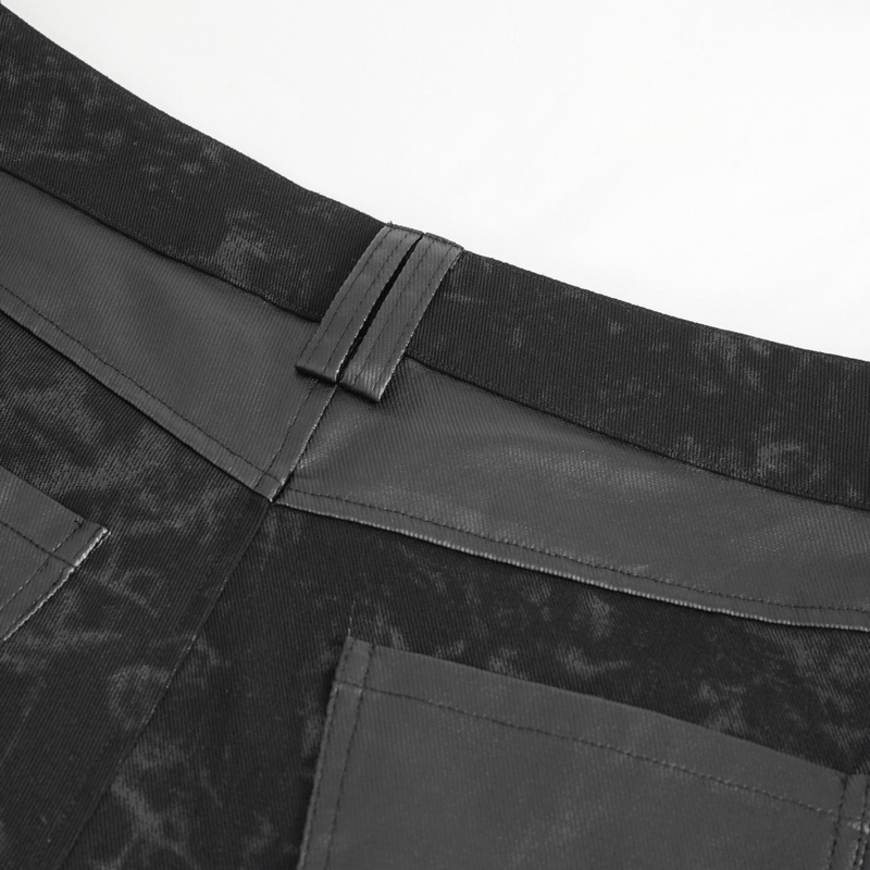 Close-up of the waistband and pockets of gothic black buckled trousers for men, showcasing edgy detailing.
