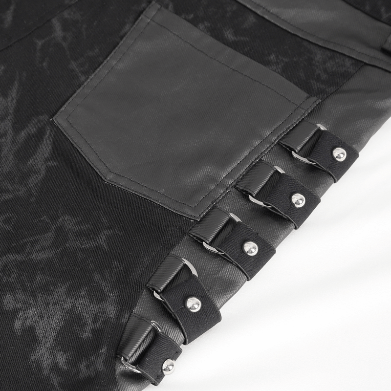 Close-up of men's gothic black buckled trousers showcasing intricate buckles and pocket details.