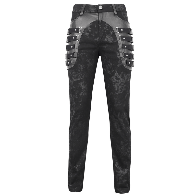 Gothic black buckled trousers for men, featuring straps and a stylish edgy design, perfect for modern fashion.