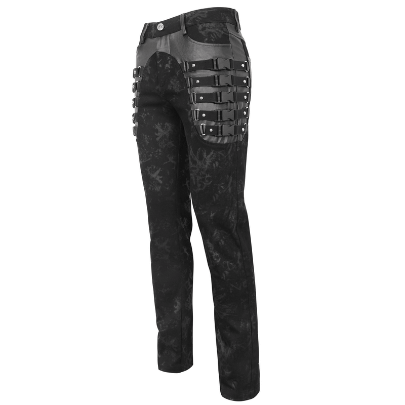 Gothic style black buckled trousers for men with intricate straps and a modern edgy design.