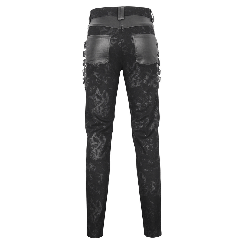 Back view of dark enigma men's gothic buckled trousers, featuring edgy straps and leather accents for a stylish look.