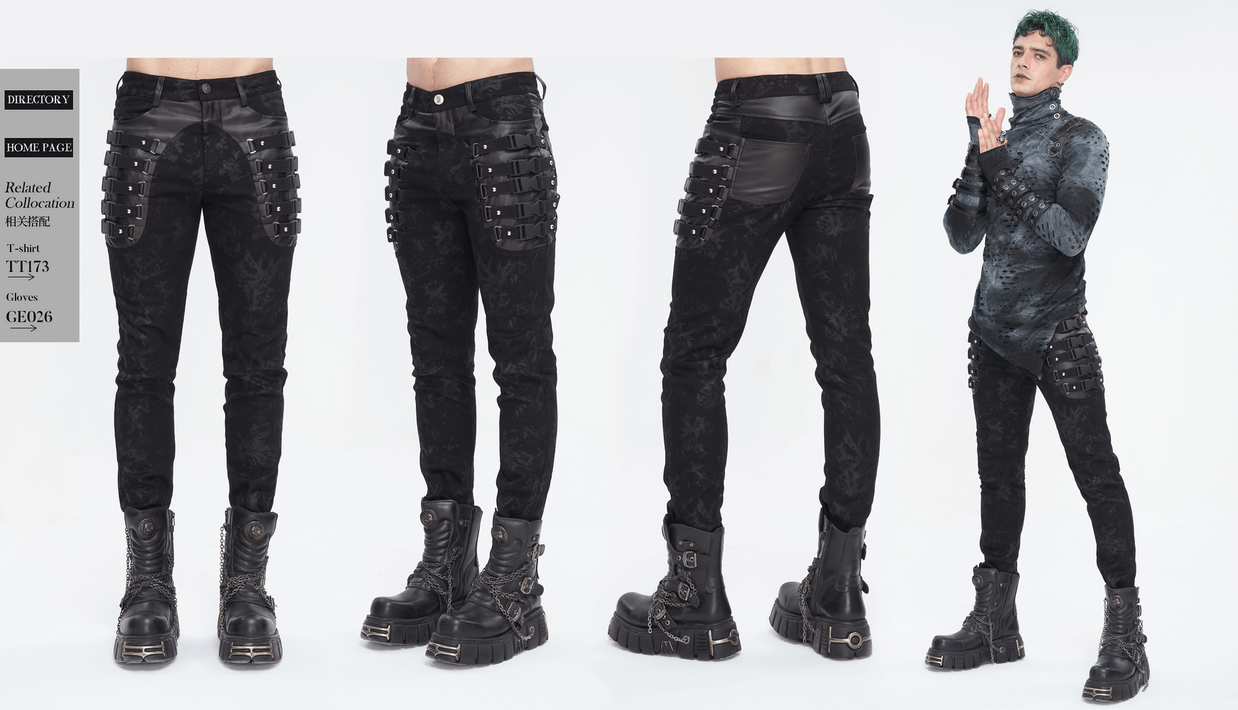 Men's gothic style black trousers with buckles, straps, and edgy silhouette for a modern look.