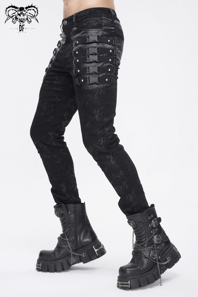 Men's gothic black buckled trousers paired with edgy combat boots, showcasing a bold alternative fashion style.