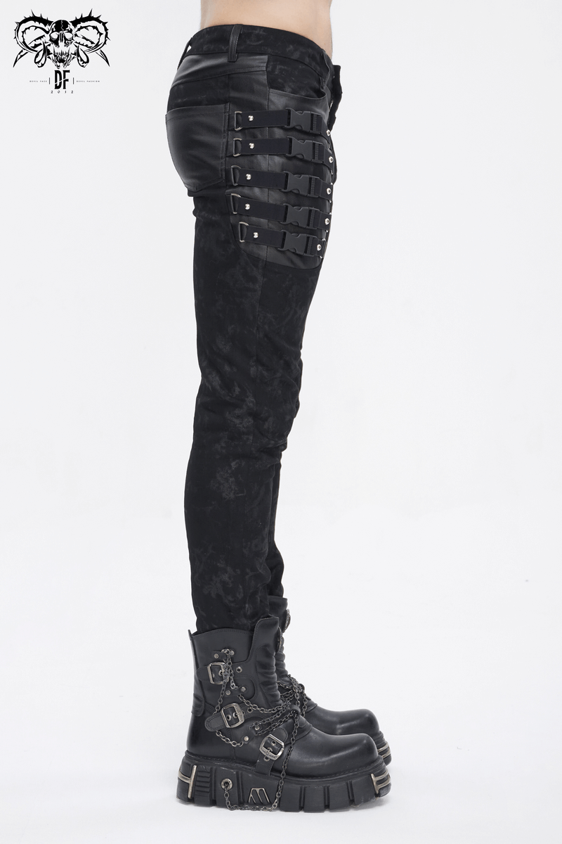 Men's gothic black trousers with buckles and straps, showcasing an edgy style and bold silhouette.