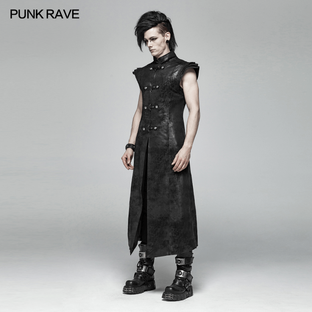 Gothic style black leather buckle long cape for men, featuring stacked sleeves and side pockets.