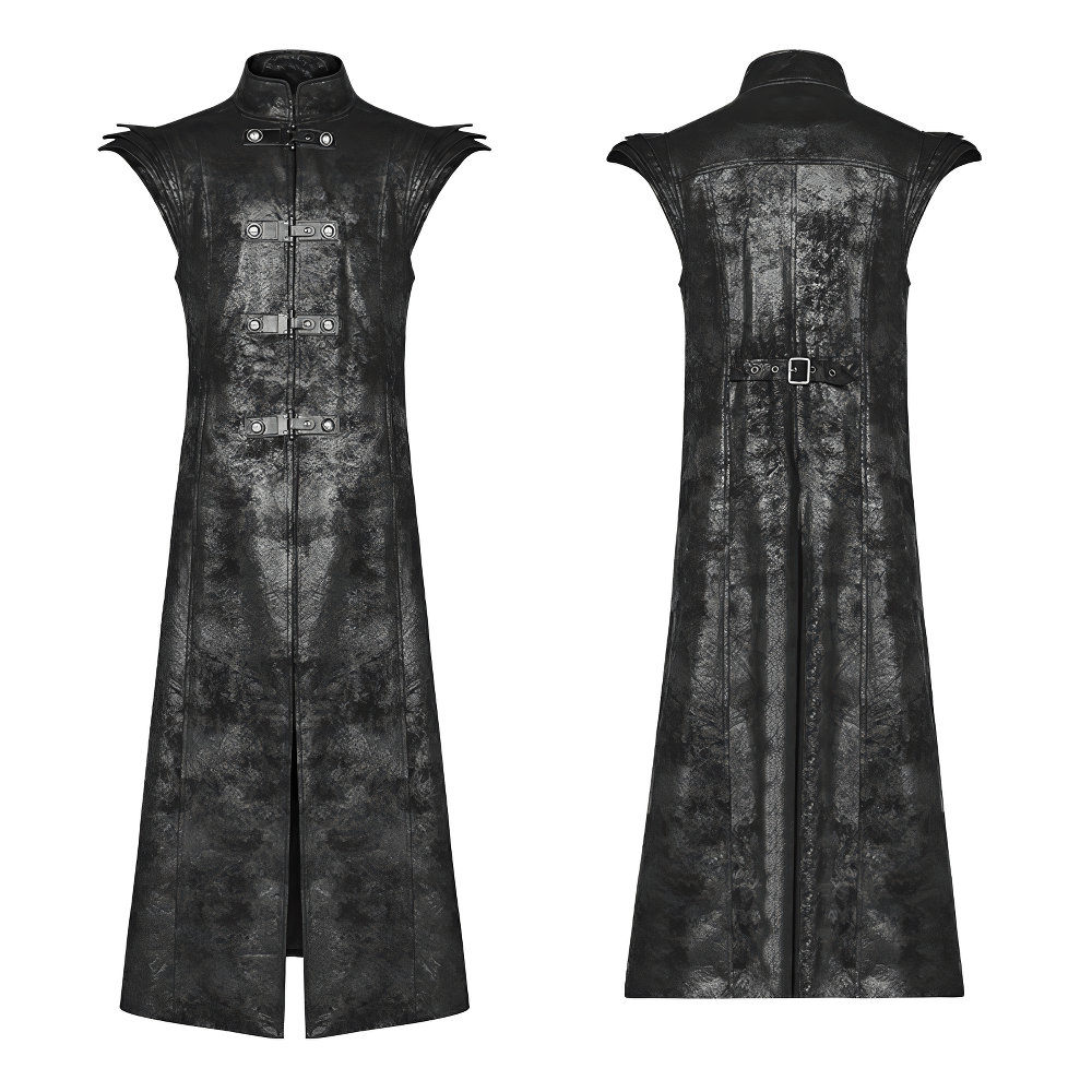 Gothic style black leather buckle long cape for men with stacked sleeves and unique front placket.