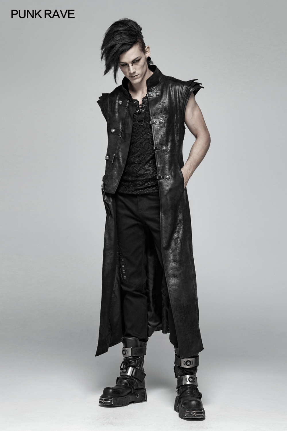 Gothic style black leather buckle long cape for men showcased by a model in punk fashion.