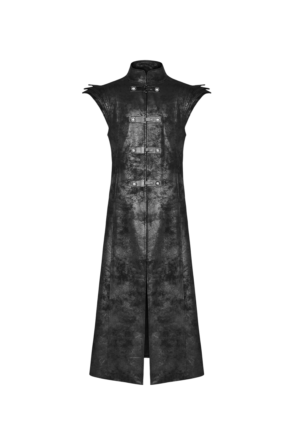 Gothic style black leather buckle long cape for men with stacked sleeves and front buckles.