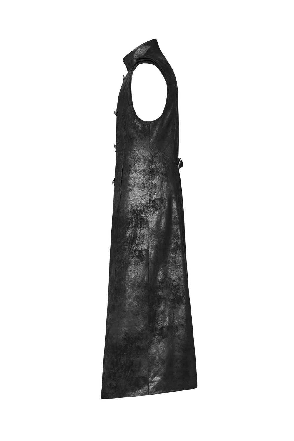 Gothic style black leather buckle long cape for men with stylish stacked sleeves and side pockets.