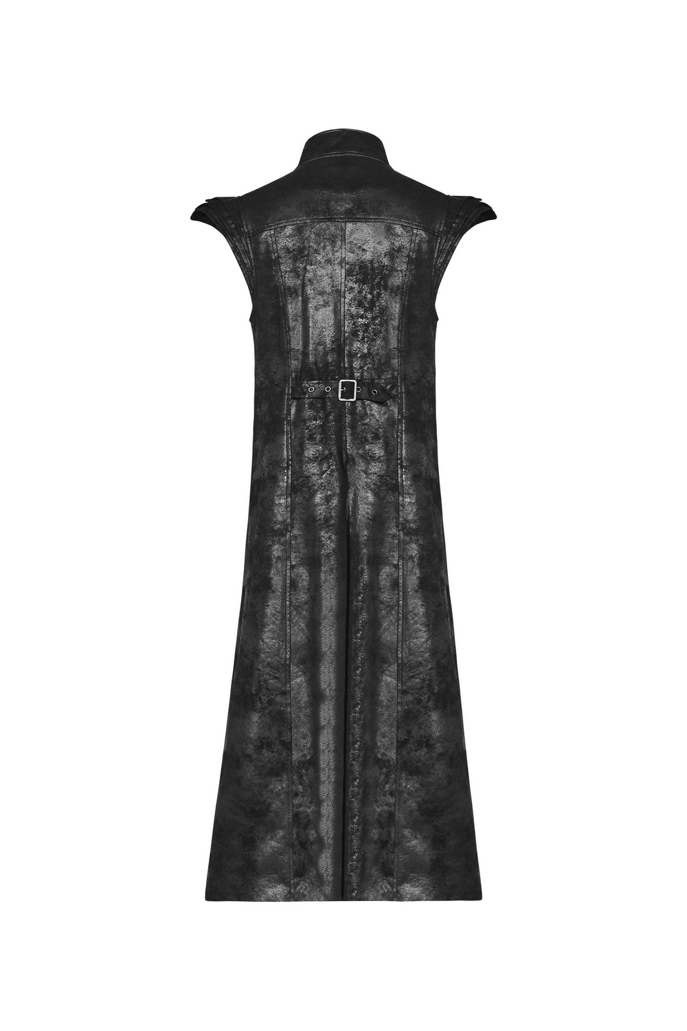 Gothic style black leather buckle long cape for men, showcasing a unique back design with stacked sleeves.