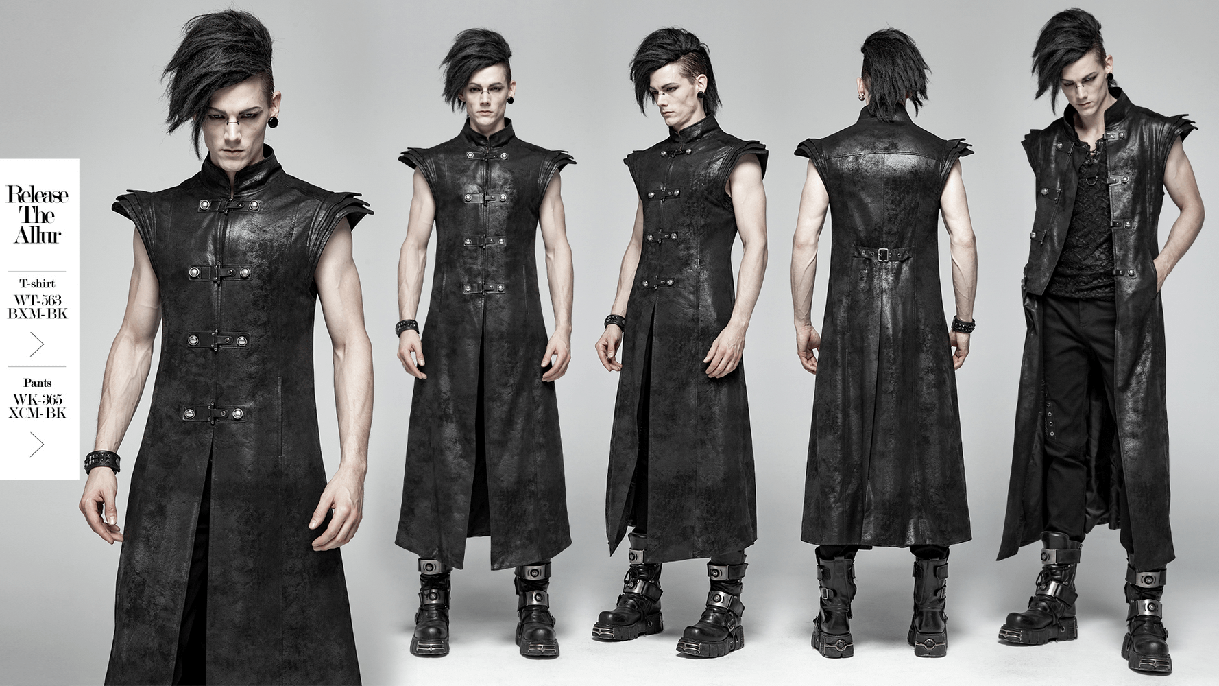 Gothic style black leather buckle long cape on male model showcasing stacked sleeves and unique fabric design.