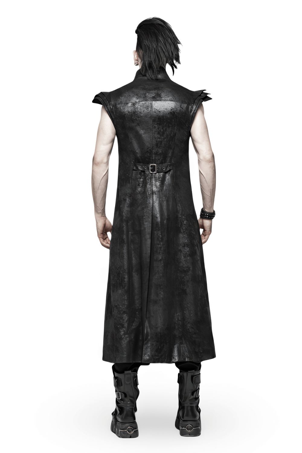 Gothic style black leather buckle long cape for men, featuring a sleek design and stylish stacked sleeves.