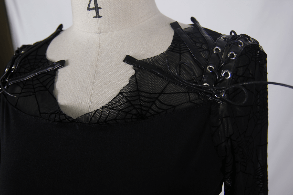 Gothic black top with faux leather lacings and mesh cobweb sleeves, perfect for a trendy gothic look.