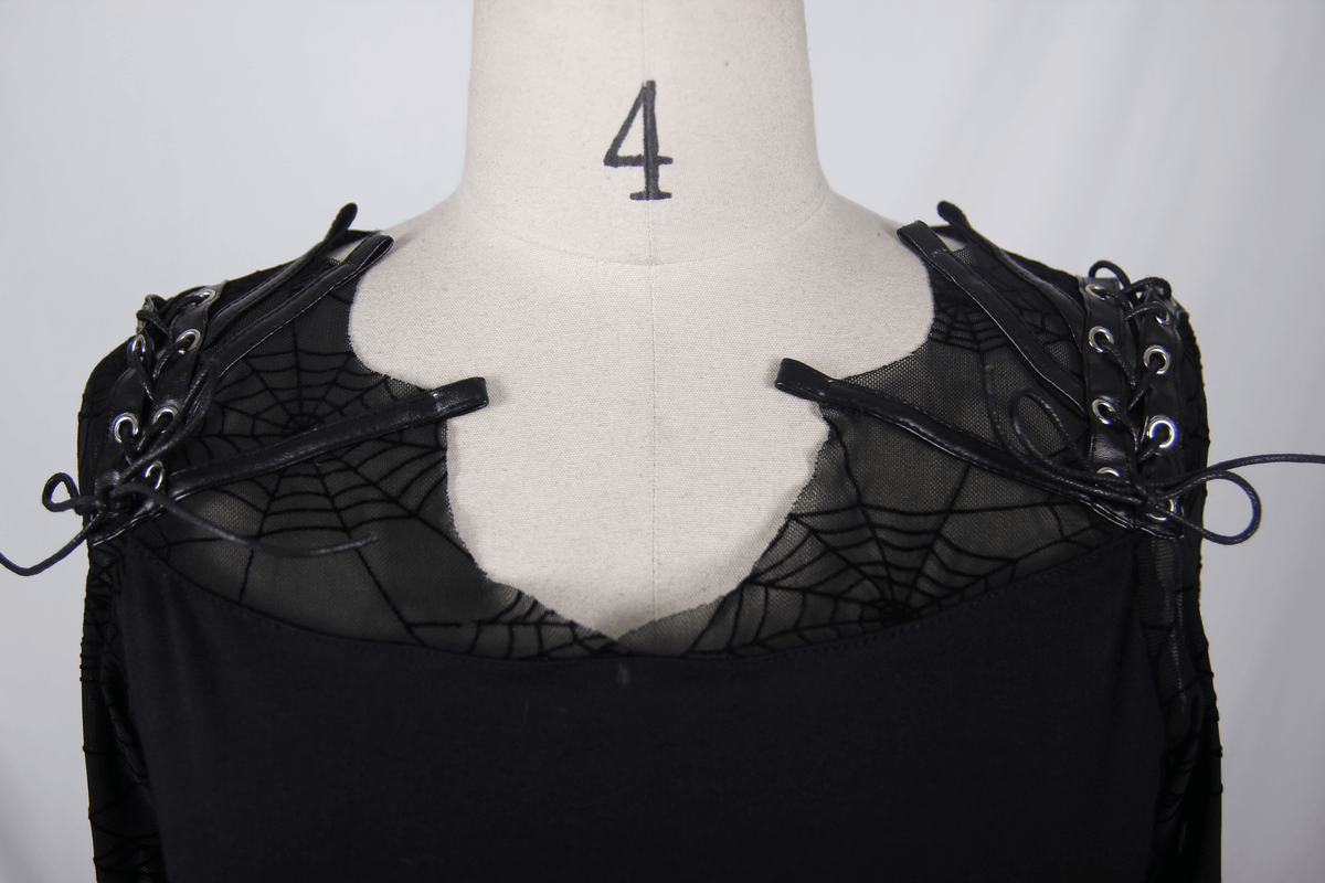 Gothic black top with faux leather lacings and lace cobwebs design, perfect for trendy women's fashion.