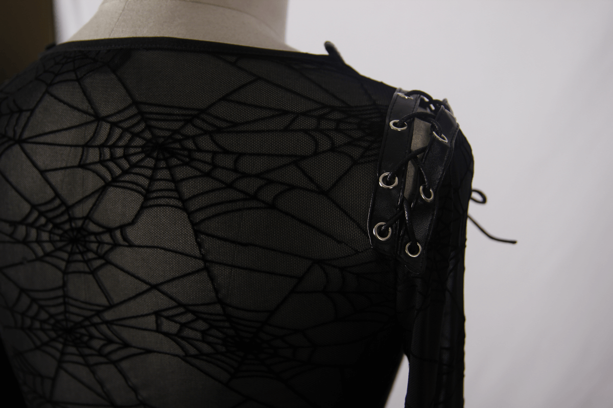 Gothic black top featuring lace cobweb design and faux leather lacings on shoulder, perfect for trendy styles.
