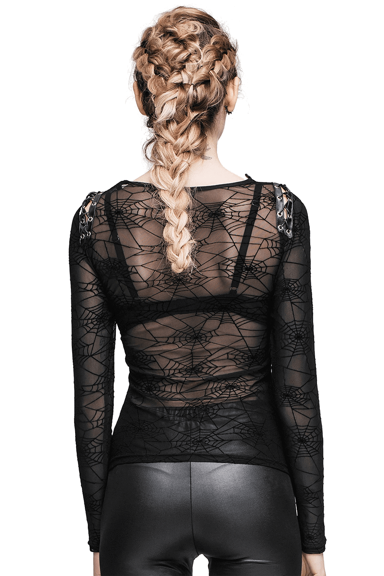 Gothic Style Black Top with Faux Leather Lacings / Women's Top with Lace Cobwebs Design - HARD'N'HEAVY