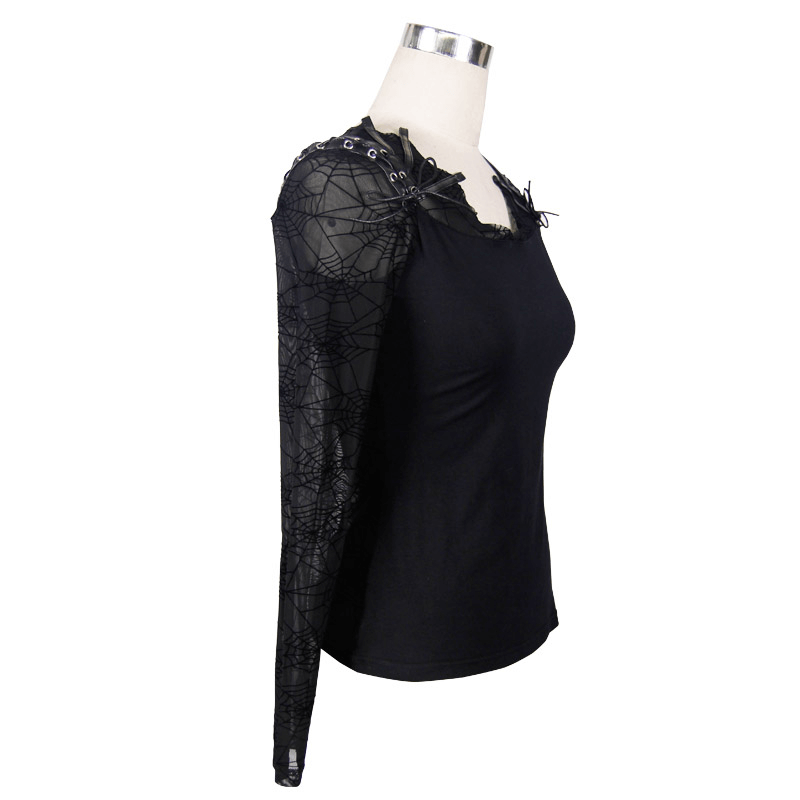Gothic women's black top featuring faux leather lacings and lace cobwebs design for a trendy look.