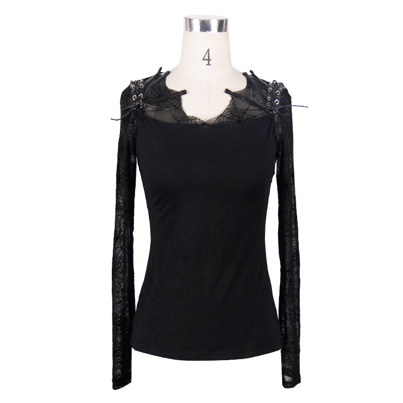 Gothic black top with lace cobweb design and faux leather lacings for women, perfect for a trendy gothic style.