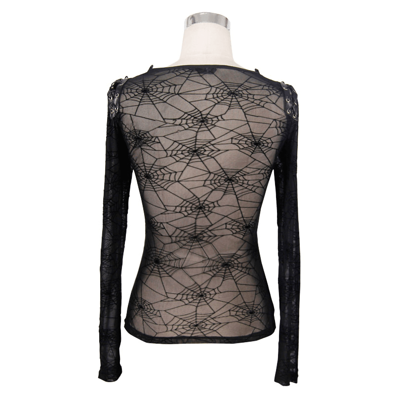 Stylish women's black gothic top with lace cobwebs design and faux leather lacings, perfect for trendy outfits.