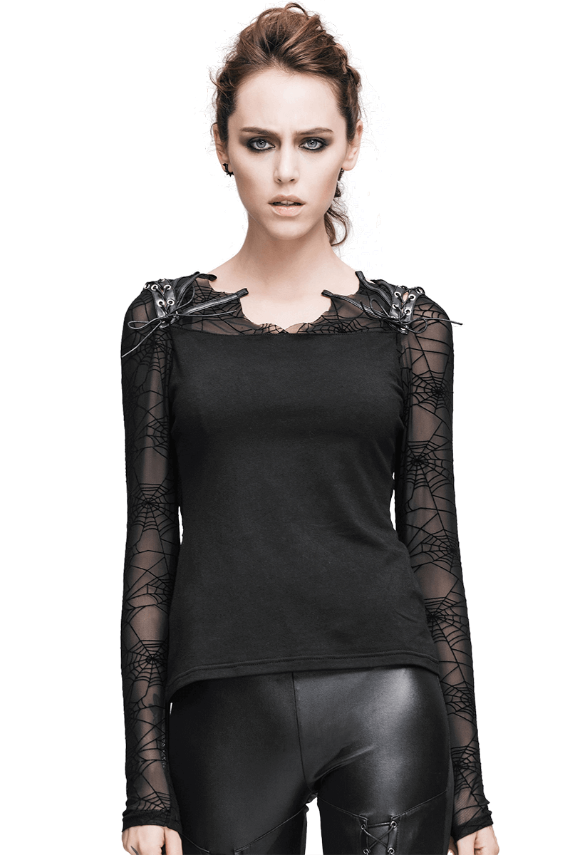 Stylish women's gothic black top with lace cobwebs and faux leather details, perfect for a trendy dark look.