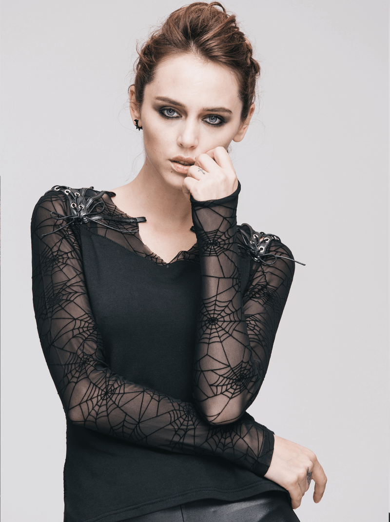 Gothic black top for women with lace cobwebs design and faux leather lacing, perfect for a trendy look.