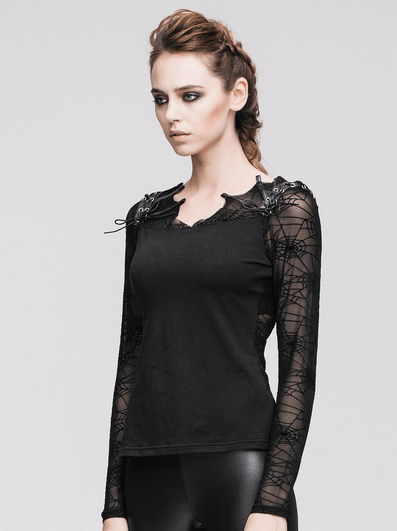 Gothic women's black top with lace cobwebs design and faux leather lacings, perfect for a trendy dark fashion look.
