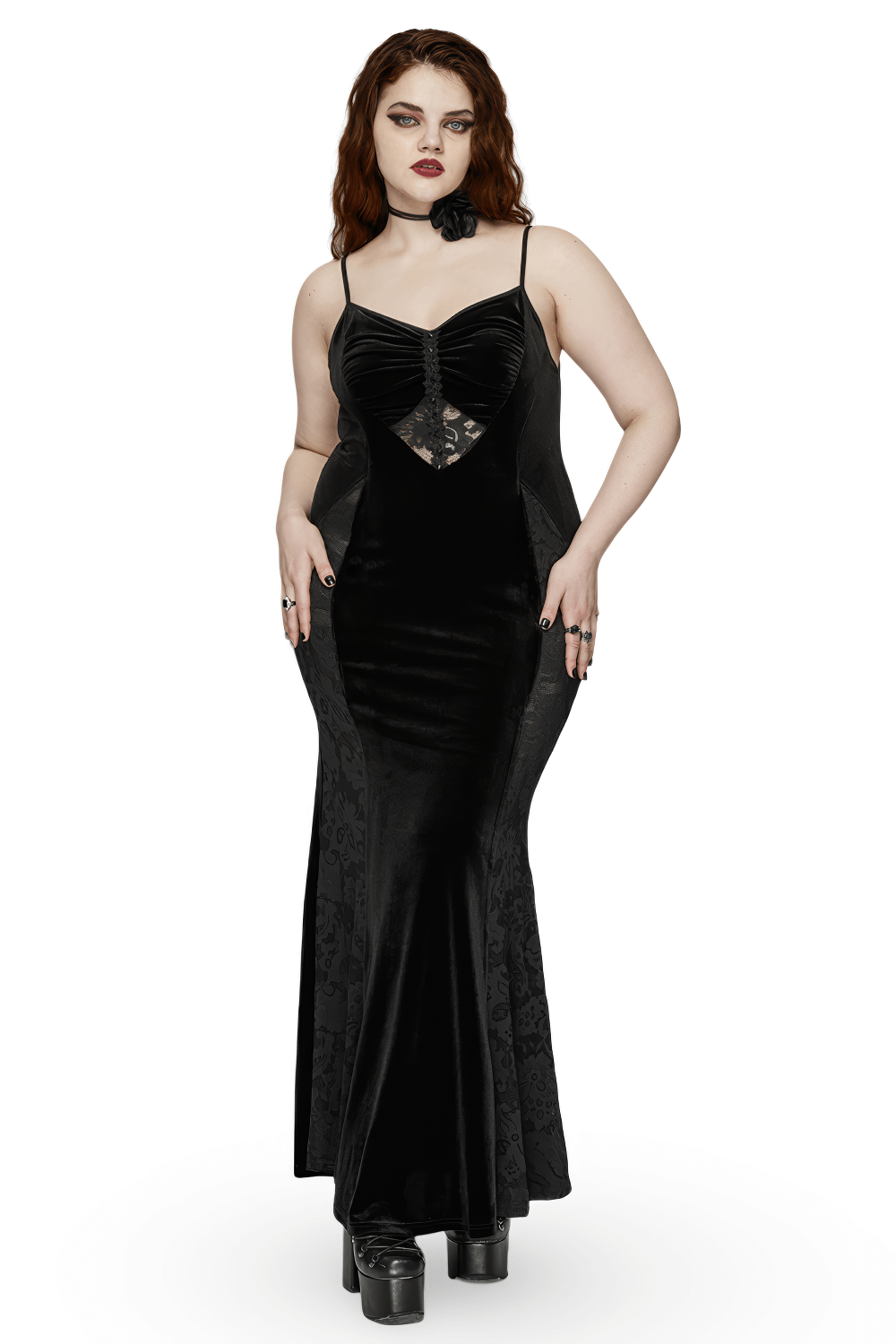Gothic Style Black Velvet Lace Panel Mermaid Dress