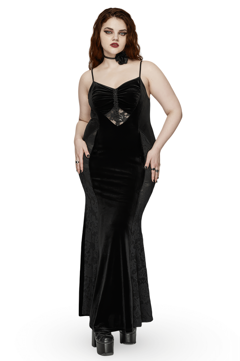 Gothic lace-up black velvet evening gown featuring a heart-shaped chest and fishtail silhouette.