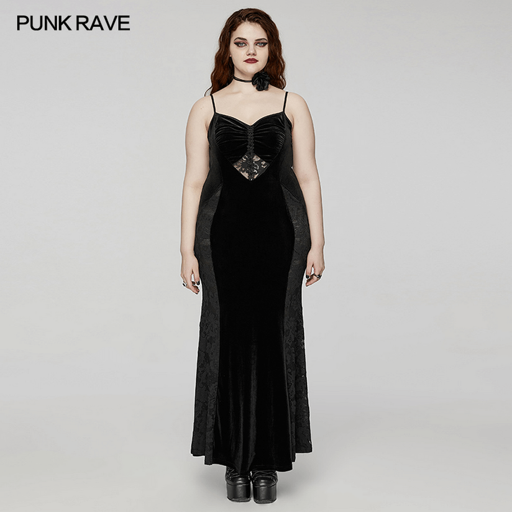 Gothic Style Black Velvet Lace Panel Mermaid Dress