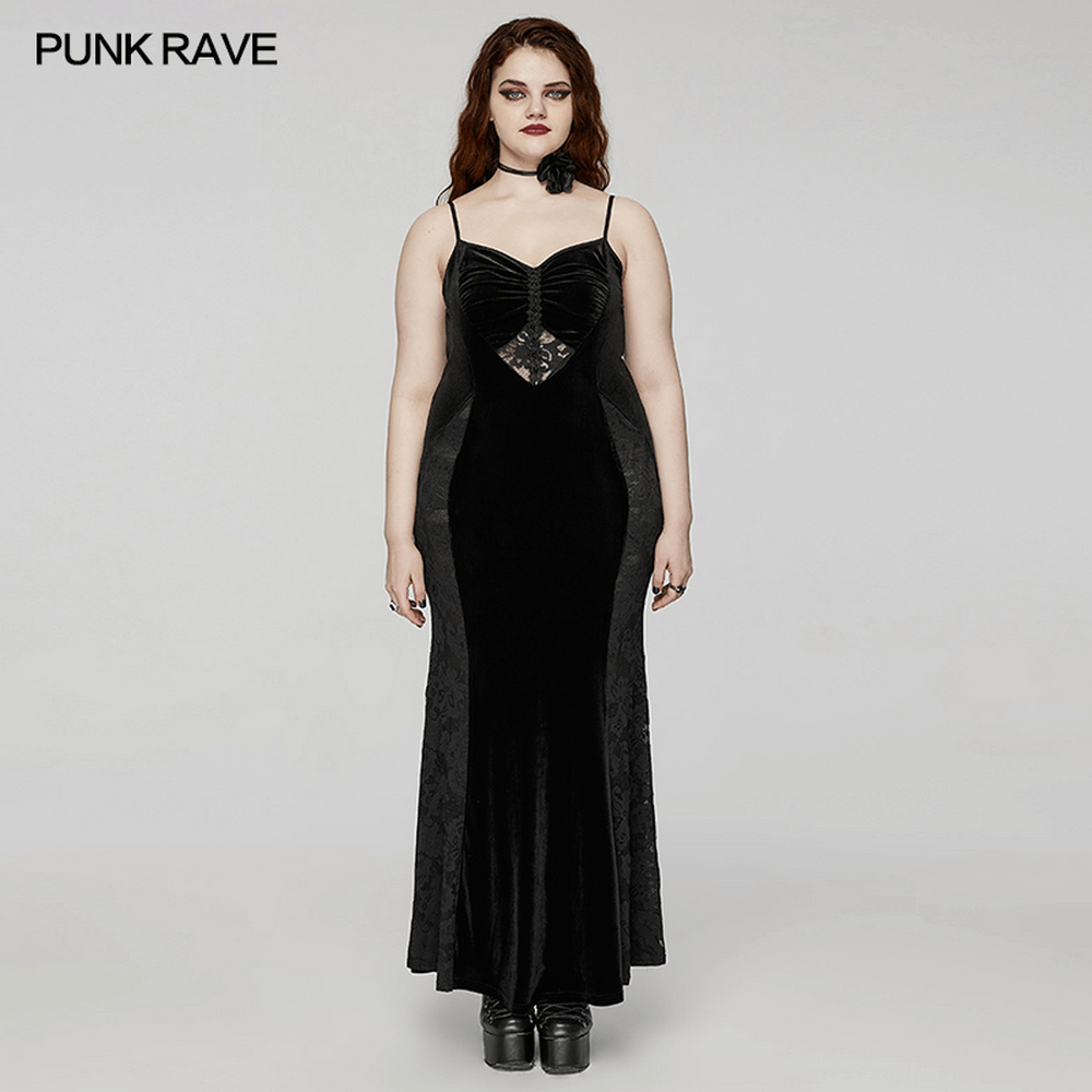 Elegant gothic black velvet lace-up mermaid dress with heart-shaped chest and fishtail silhouette.