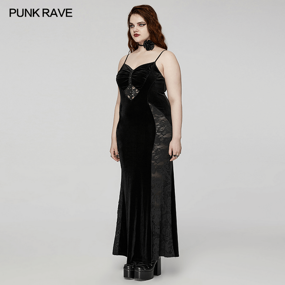 Gothic lace-up black velvet mermaid dress with lace panels and a fishtail silhouette.