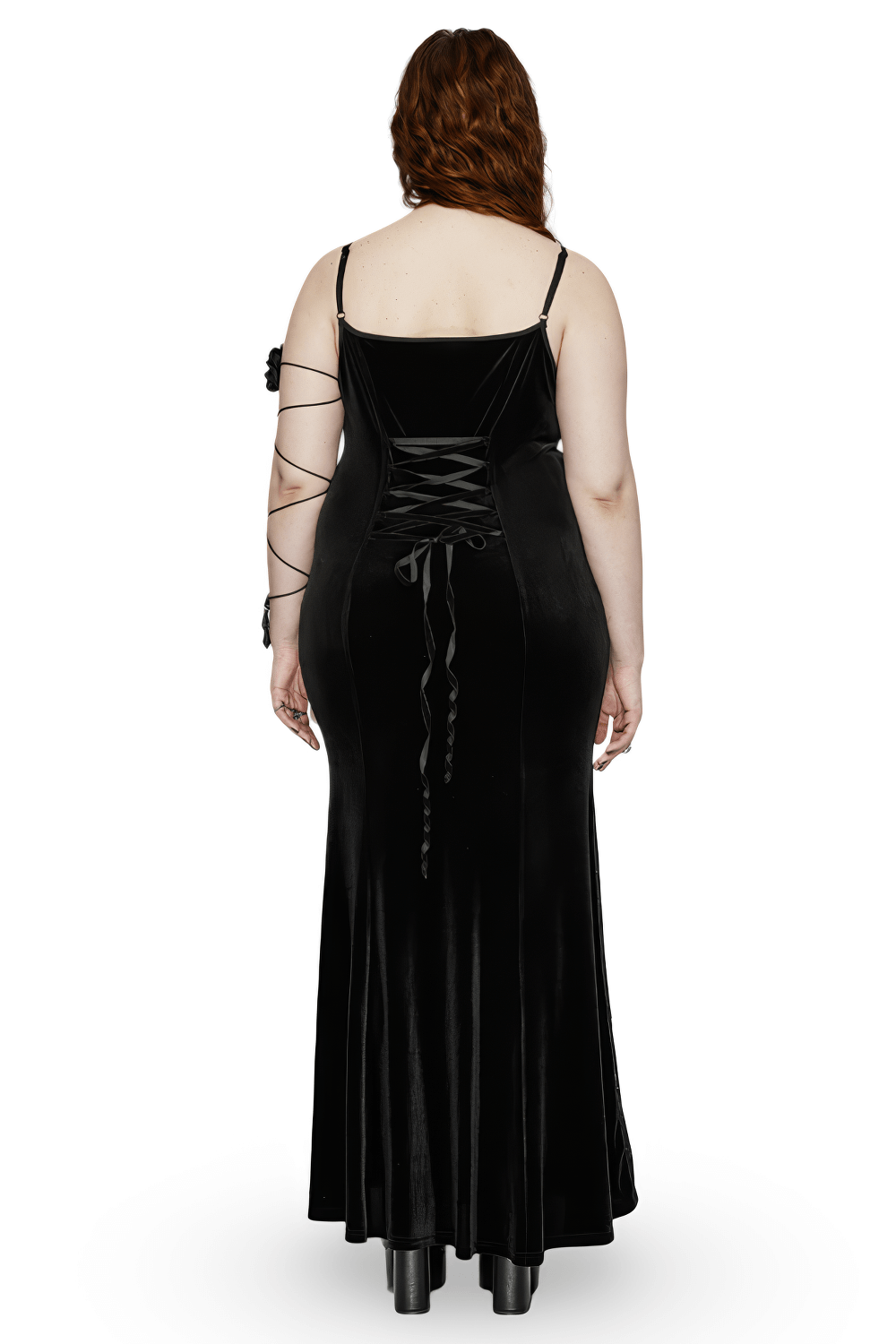 Back view of a gothic black velvet lace-up mermaid dress, showcasing elegant silhouette and adjustable drawstring.