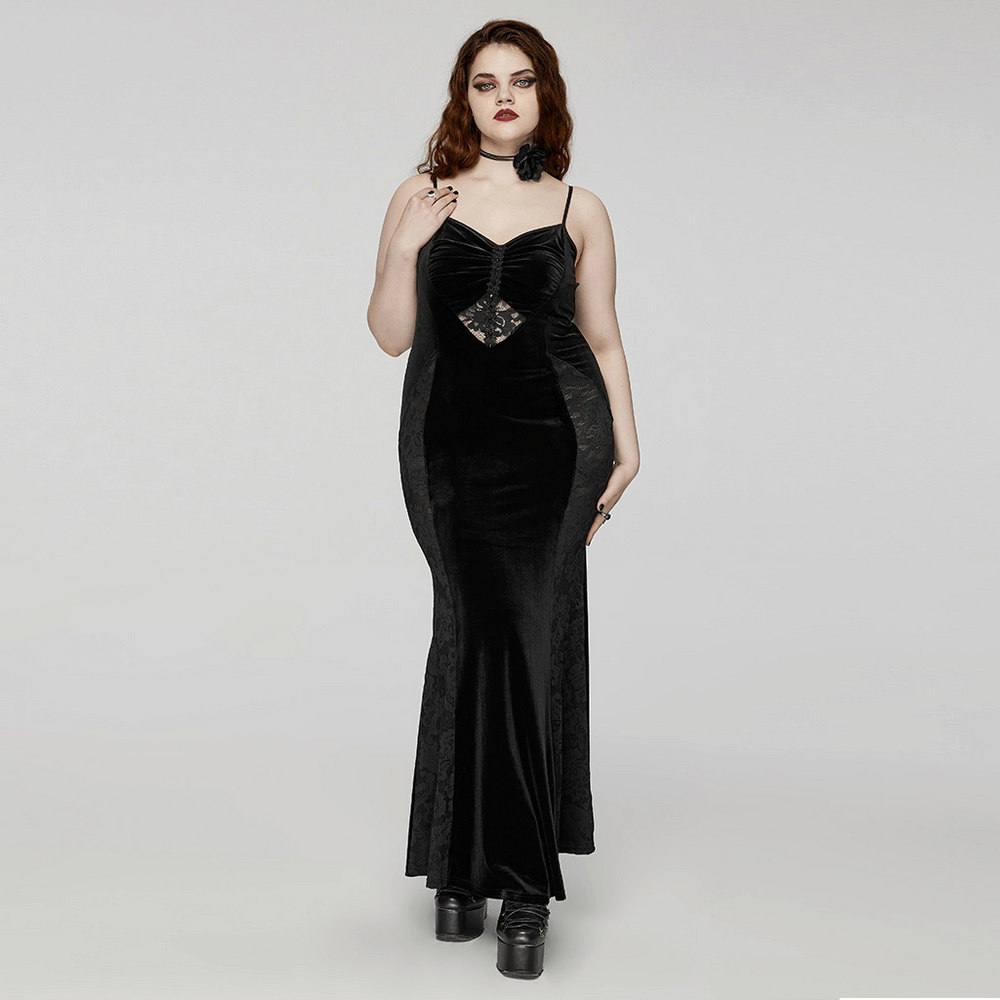 Gothic style black velvet lace panel mermaid dress with heart-shaped chest and fishtail silhouette.