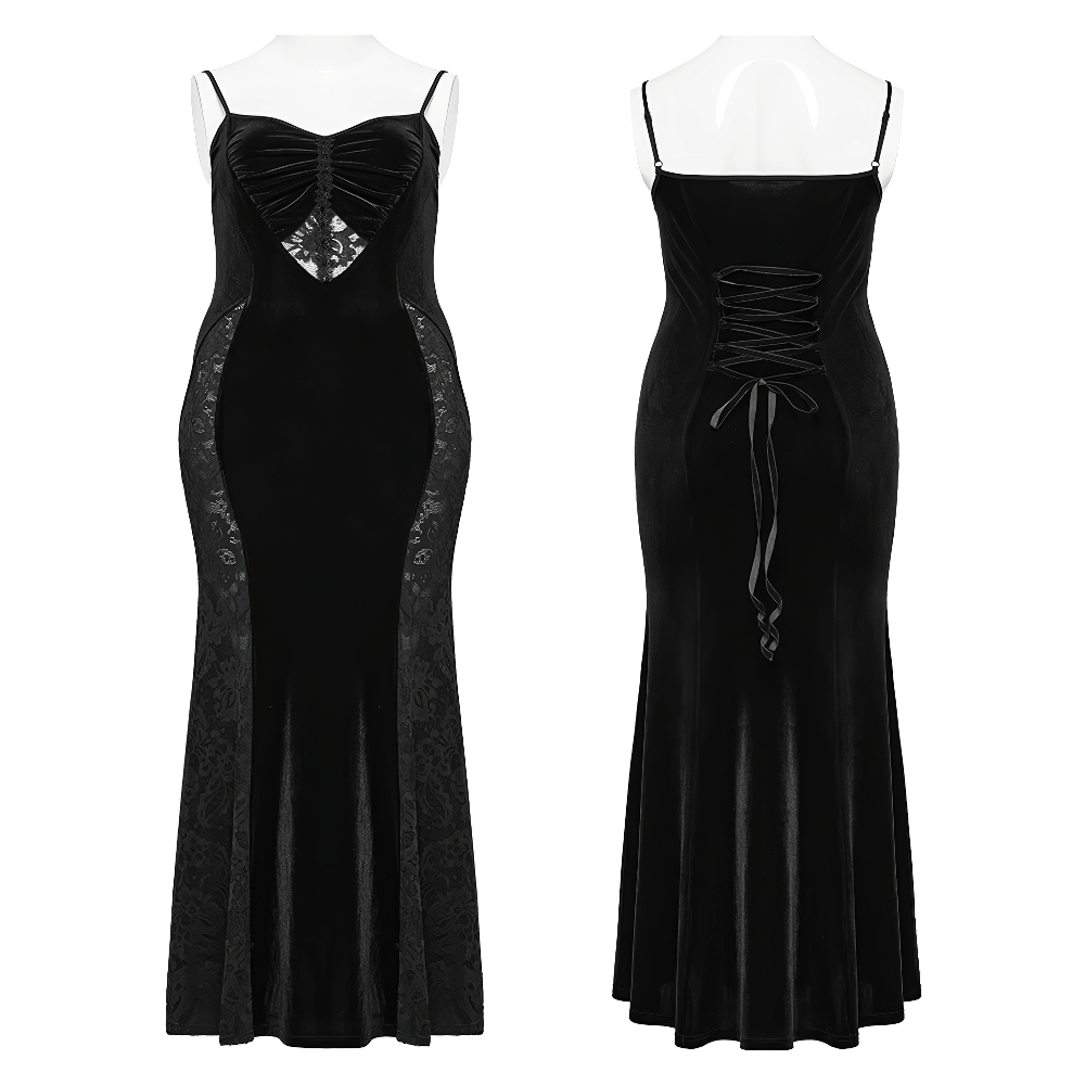 Gothic black velvet lace panel mermaid dress with lace-up back and heart-shaped chest design.