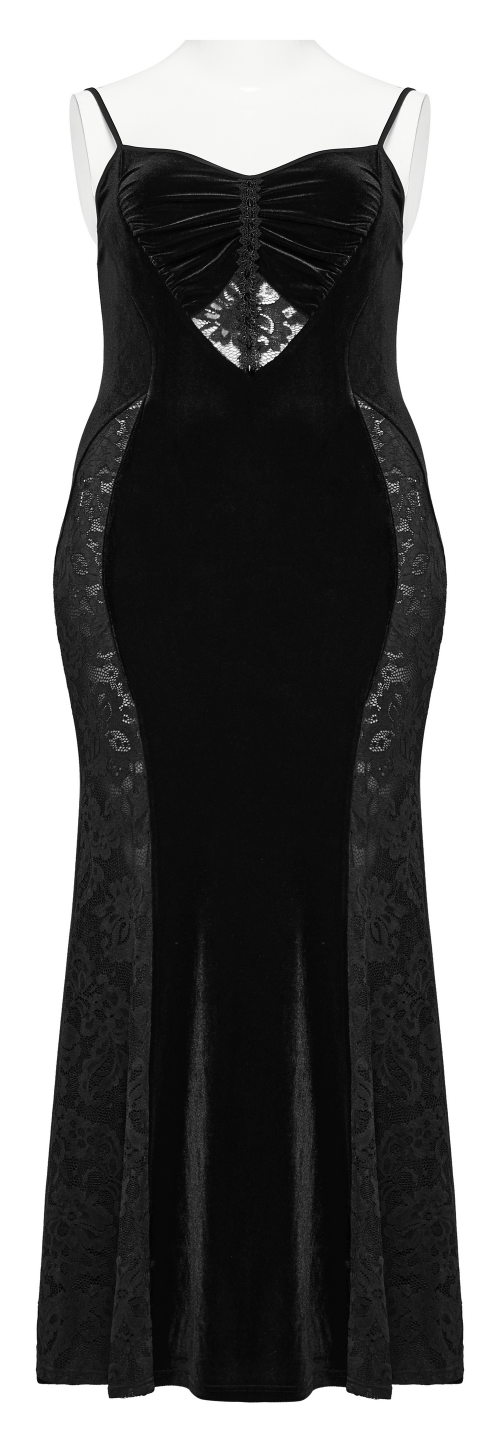 Gothic style black velvet lace panel mermaid dress with heart-shaped chest and fishtail silhouette.
