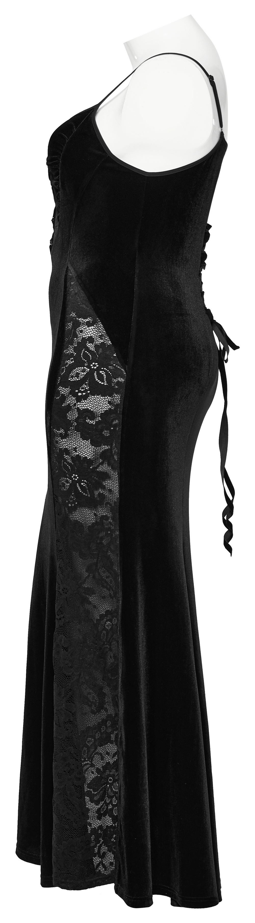 Gothic black velvet lace panel mermaid dress showcasing its elegant silhouette and intricate lace details from the side view.