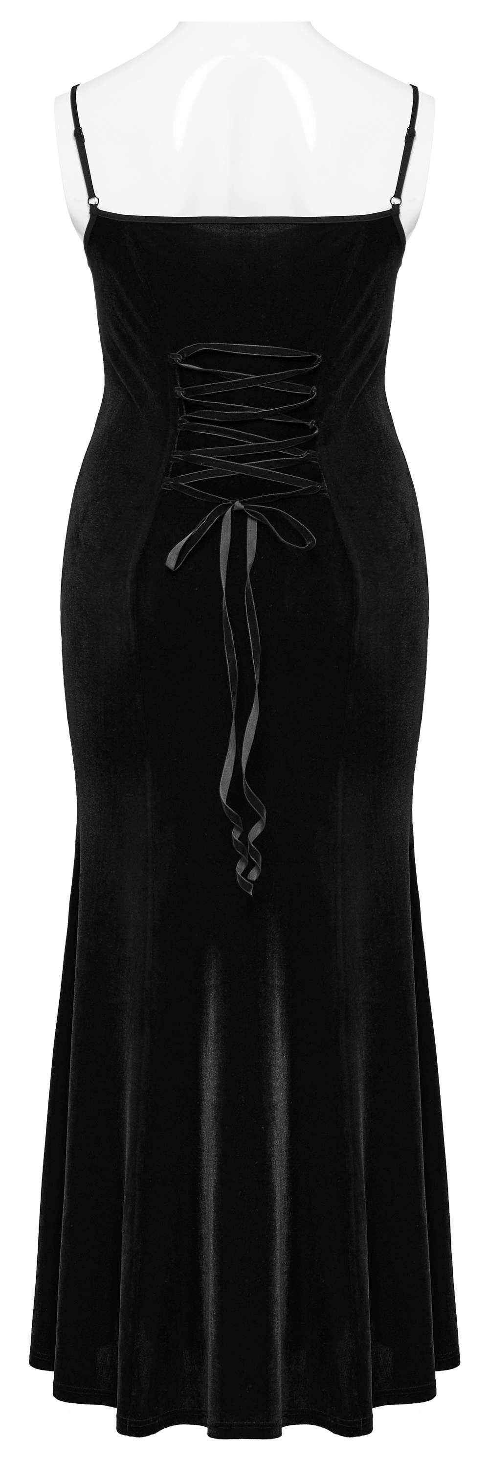 Back view of Gothic Style Black Velvet Lace Panel Mermaid Dress featuring lace-up design and elegant fishtail silhouette.
