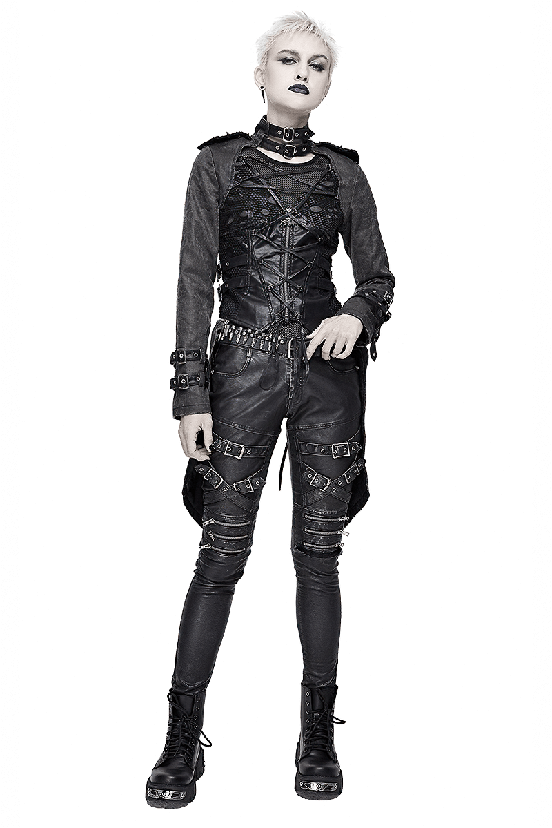 Gothic women's coat with zipper, lace-up design, and rivet details, perfect for a stylish retro look.
