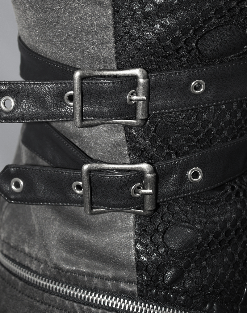 Close-up of gothic style coat featuring stylish black straps and rivets for a retro look.