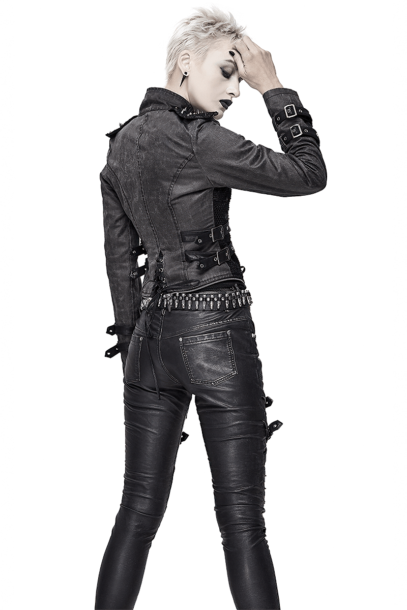 Gothic black zipper coat with removable hem, featuring rivets and a stylish retro cut for women.
