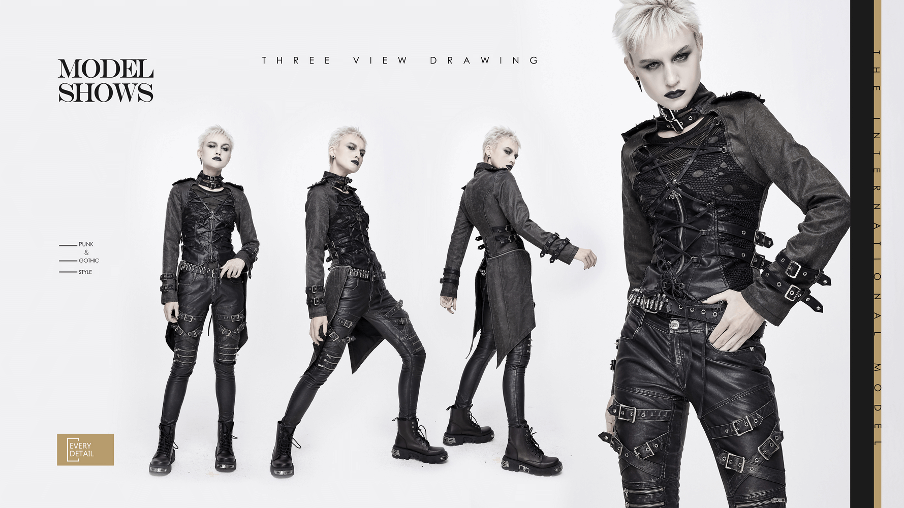 Three-view illustration of a woman in a gothic black zipper coat with lace-up details and rivets.