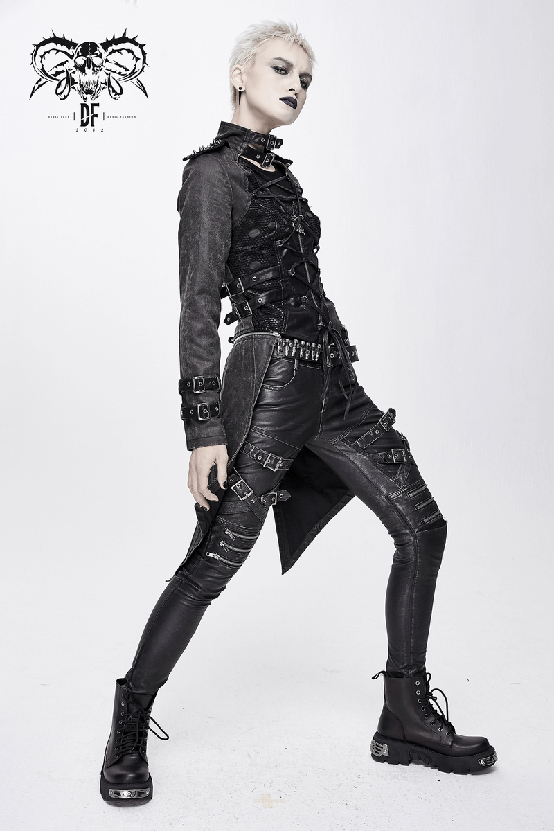 Gothic style women's coat with lace-up corset, rivet details, and edgy accessories for a bold retro look.